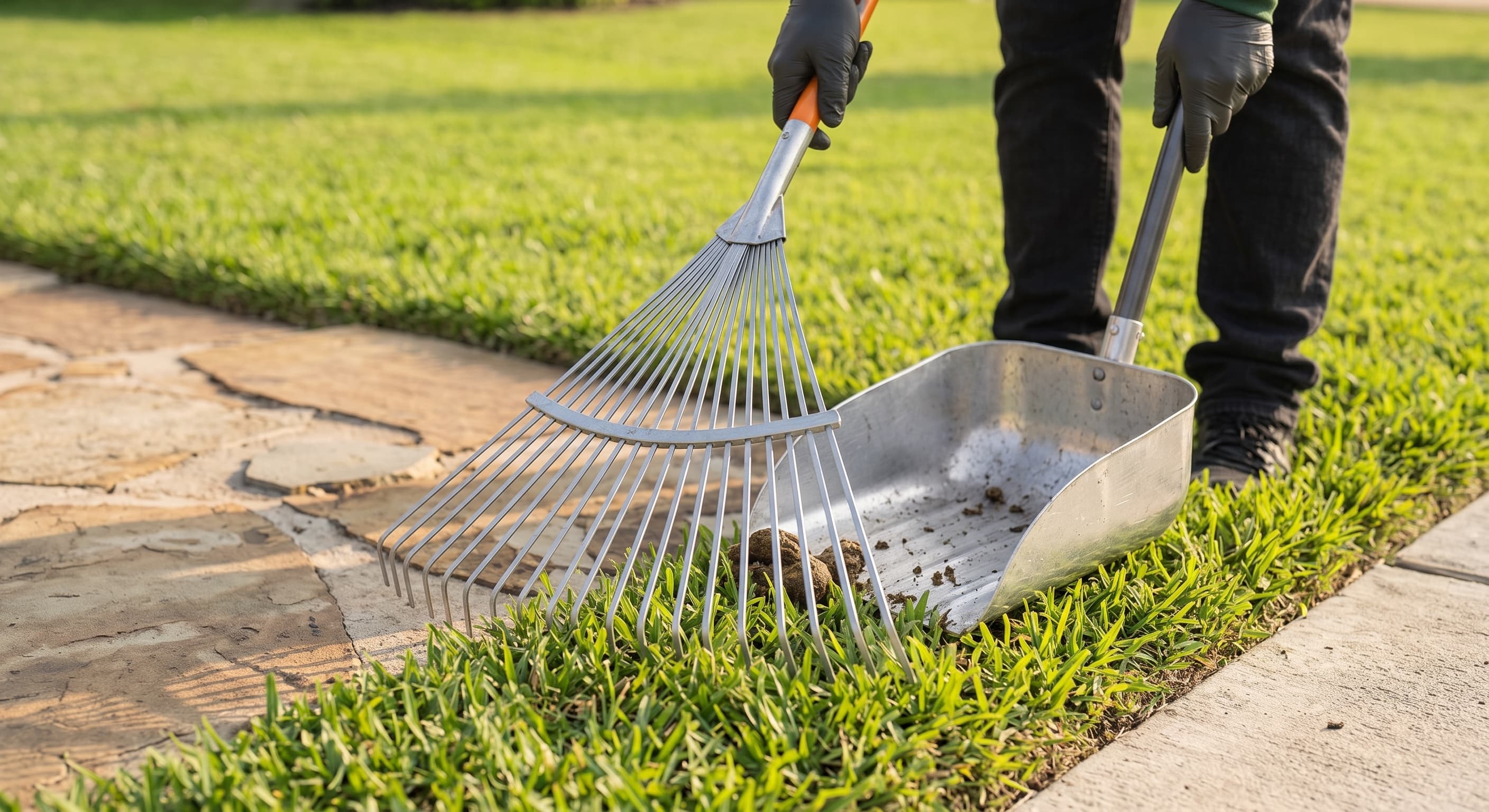 Technician raking and scooping pet waste from a clean, sunny backyard