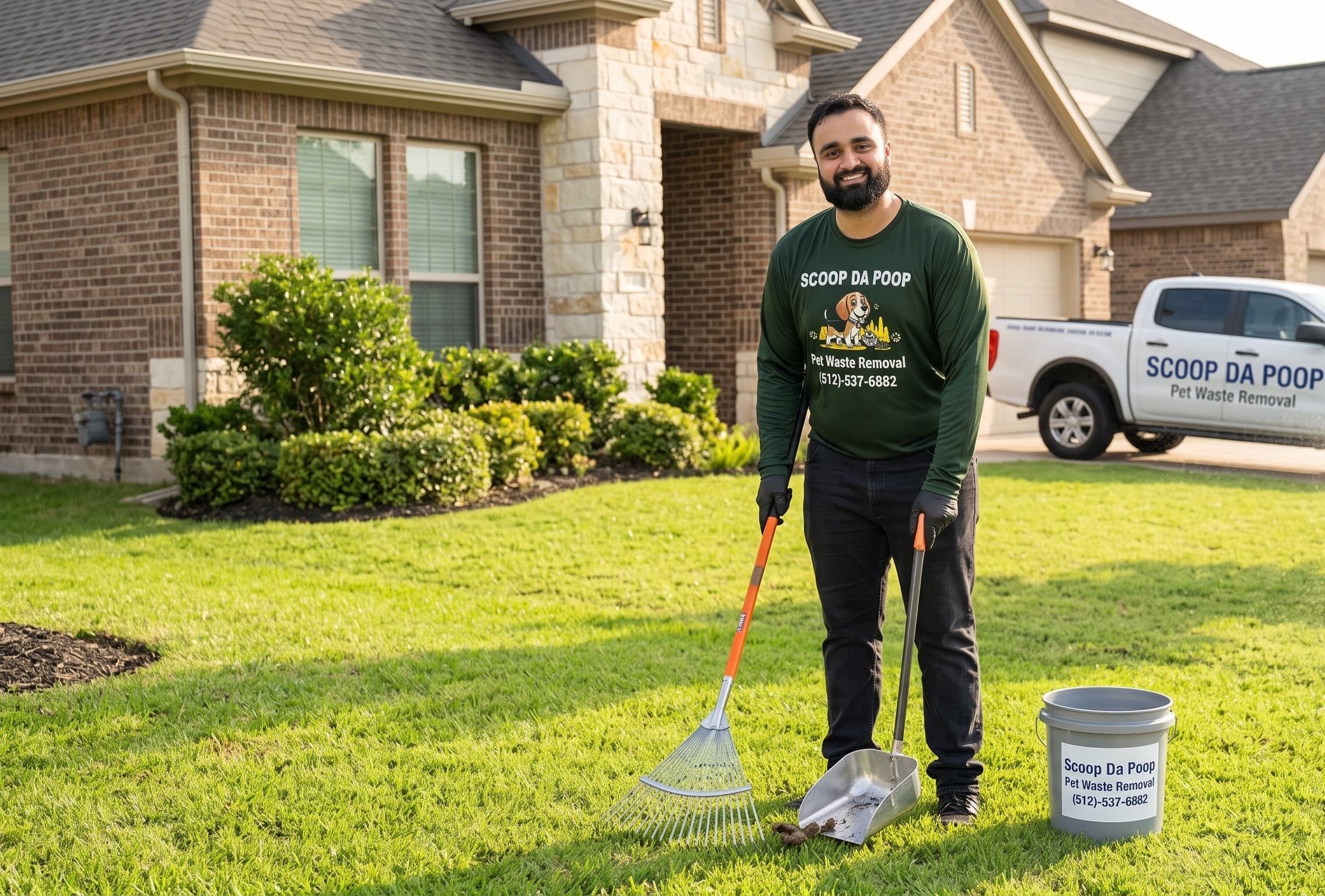 Scoop Da Poop ATX technician with the branded service truck in front of a client's home